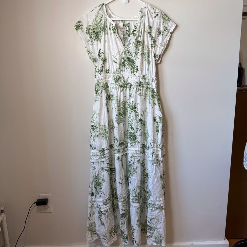 Rachel Zoe linen blend tiered dress tropical print pockets feminine white green